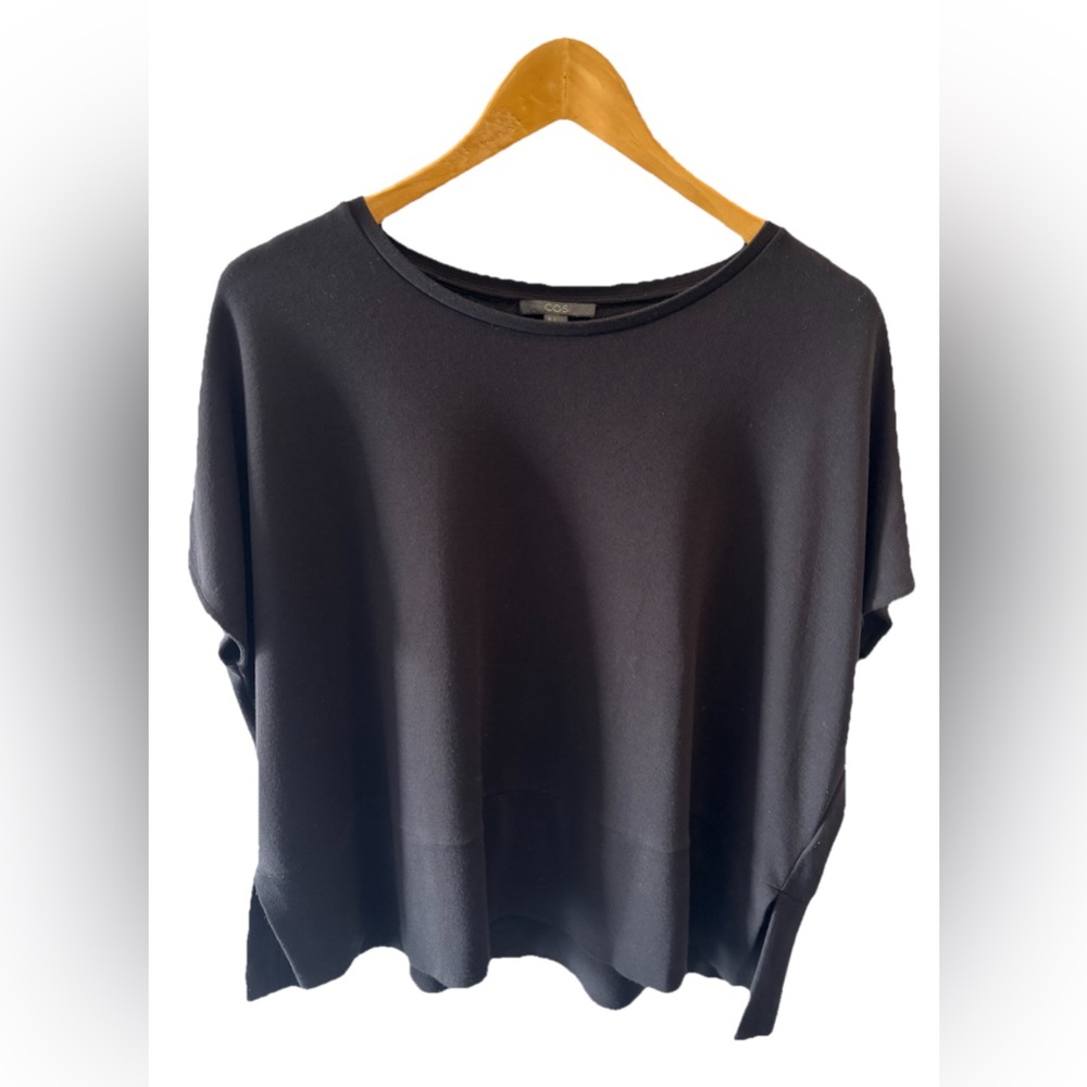 COS Black Top Short Dolman Sleeve Shirt  S Round Neck Boxy Fit Flowy Stretch